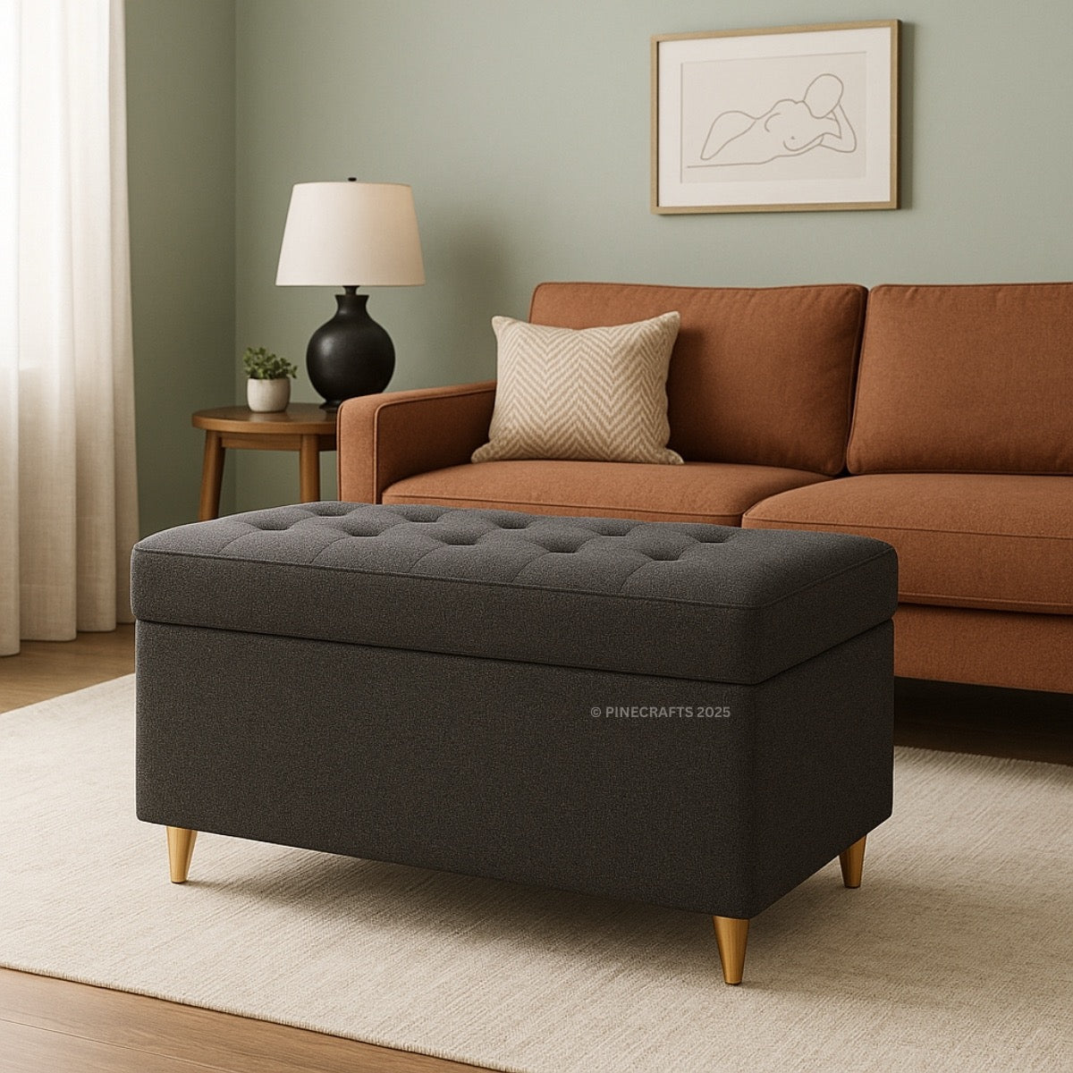 Gray tufted ottoman in a living room with a brown sofa and lamp.